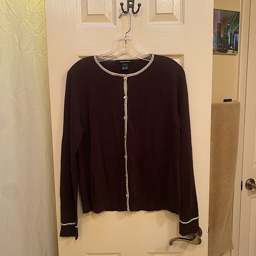 Ellen Tracy Brown Cardigan Sweater w/ Cream Trim